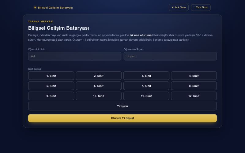 Bilişsel Gelişim Bataryası ölçme modülünün başlangıç ekranı