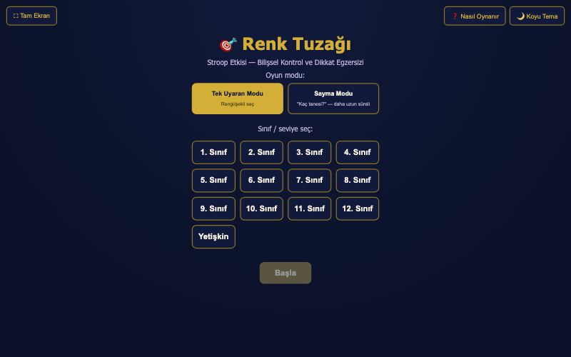 Renk Tuzağı (Stroop) etkinliğinin başlangıç ekranı