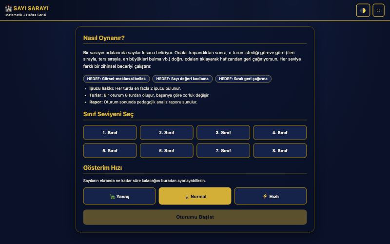 Sayı Sarayı etkinliğinin başlangıç ekranı