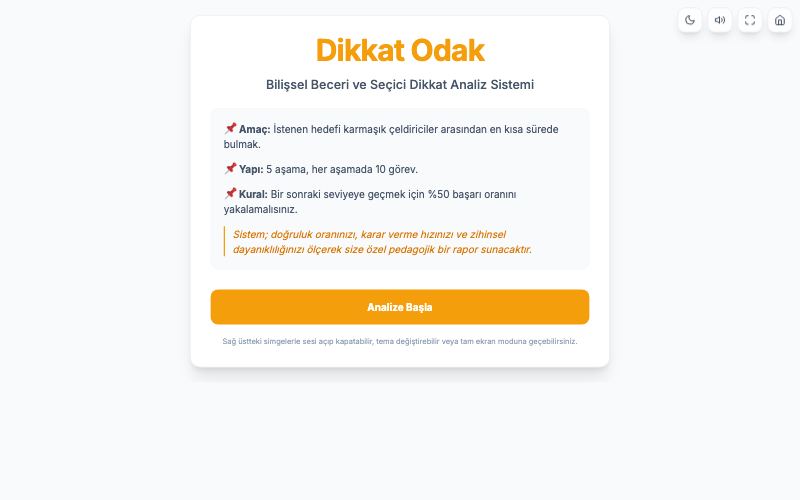 Seçici Dikkat Analizi etkinliğinin başlangıç ekranı