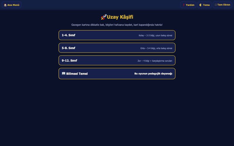 Uzay Kâşifi etkinliğinin başlangıç ekranı
